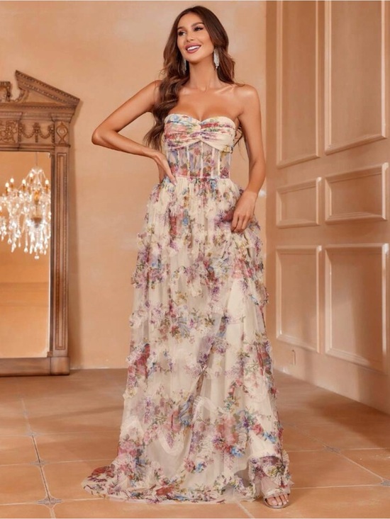 Source Unknown Dresses & Skirts - Source Unknown Strapless Floral Chiffon Maxi Dress - Ivory with Multi Floral